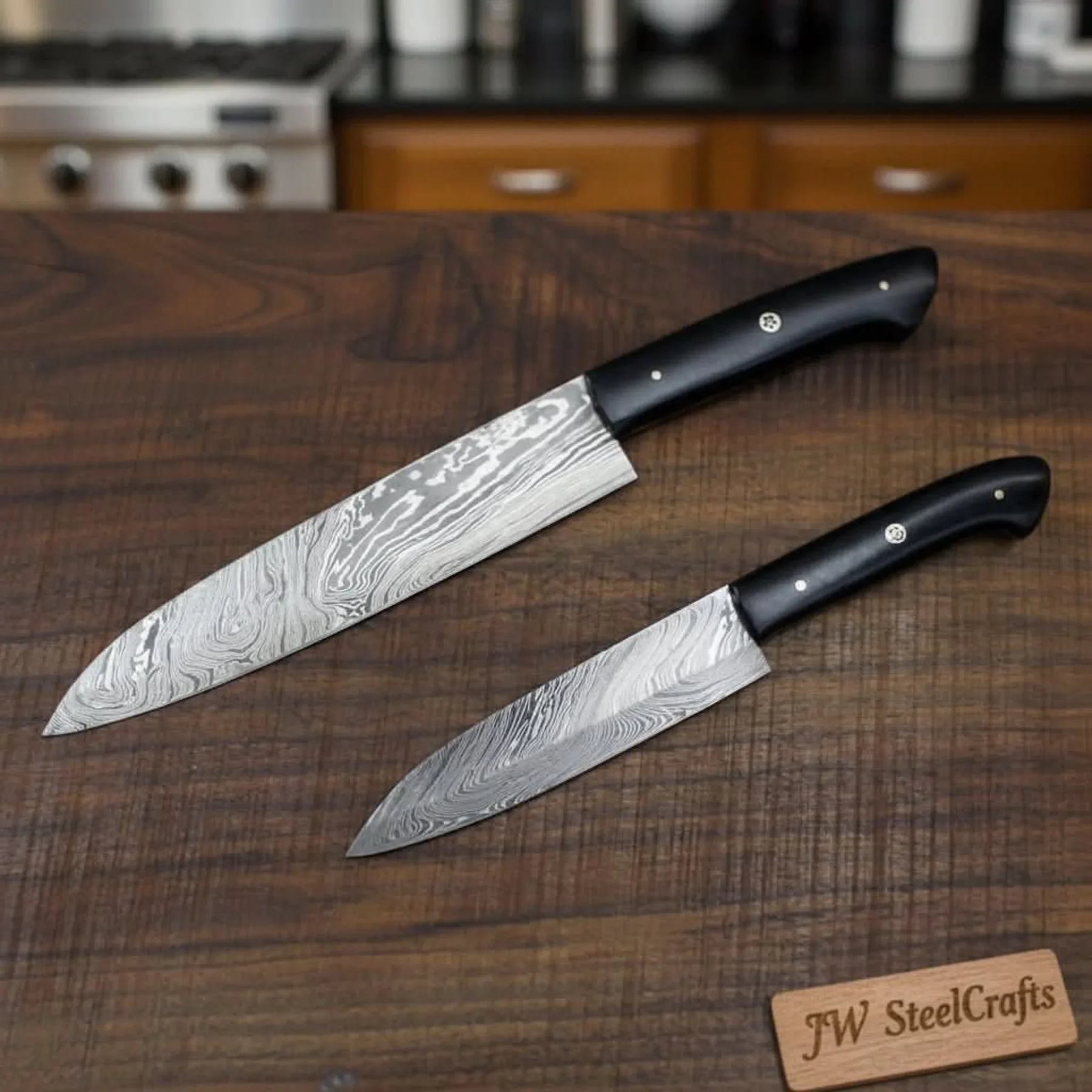 Handmade Japanese Damascus Knife Set, Chef Gyuto and Petty Utility Knives, Black Handle by JW SteelCrafts