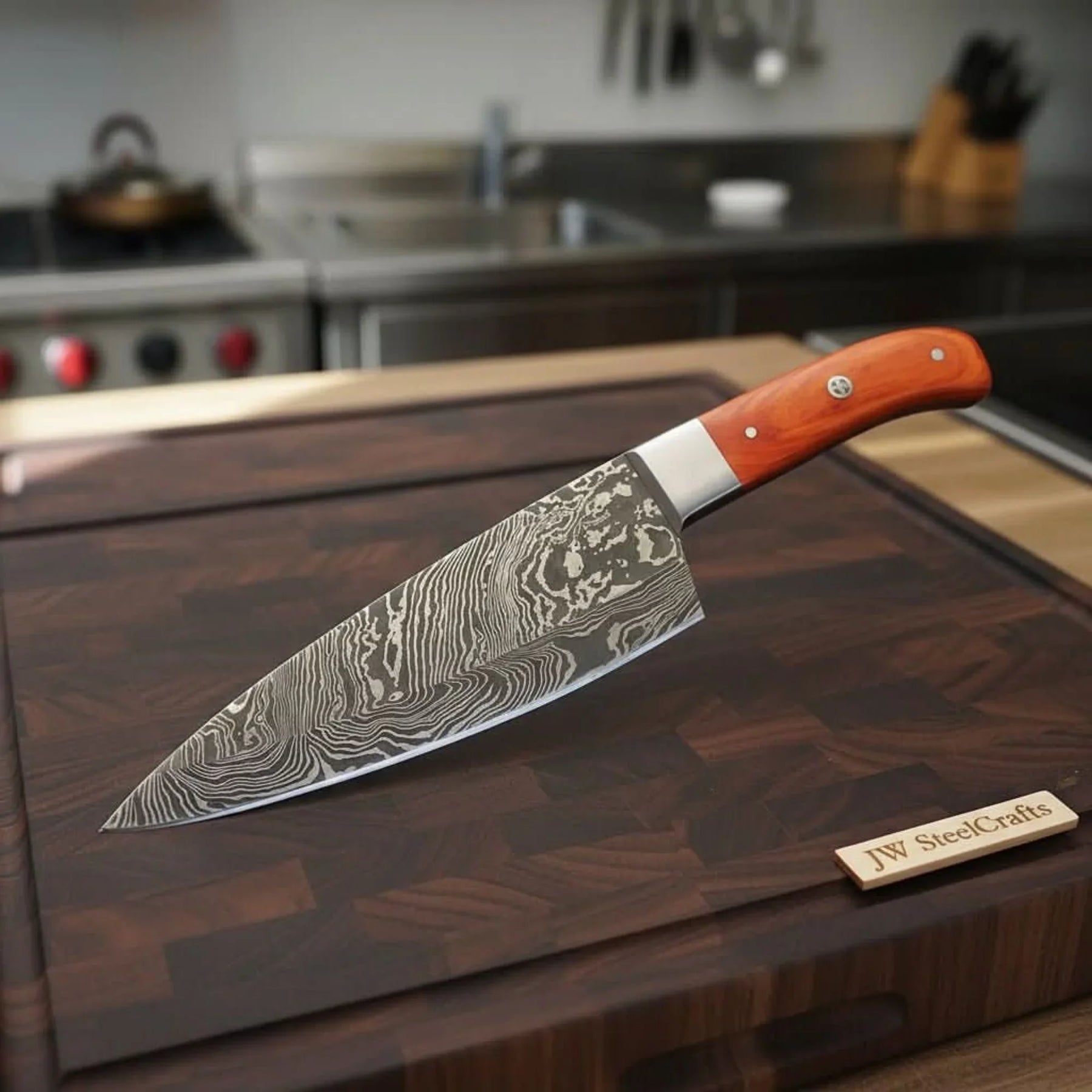 Damascus Gyuto Knife with Layered Steel Blade & Orange Wood Handle for Precision Slicing by JW SteelCrafts