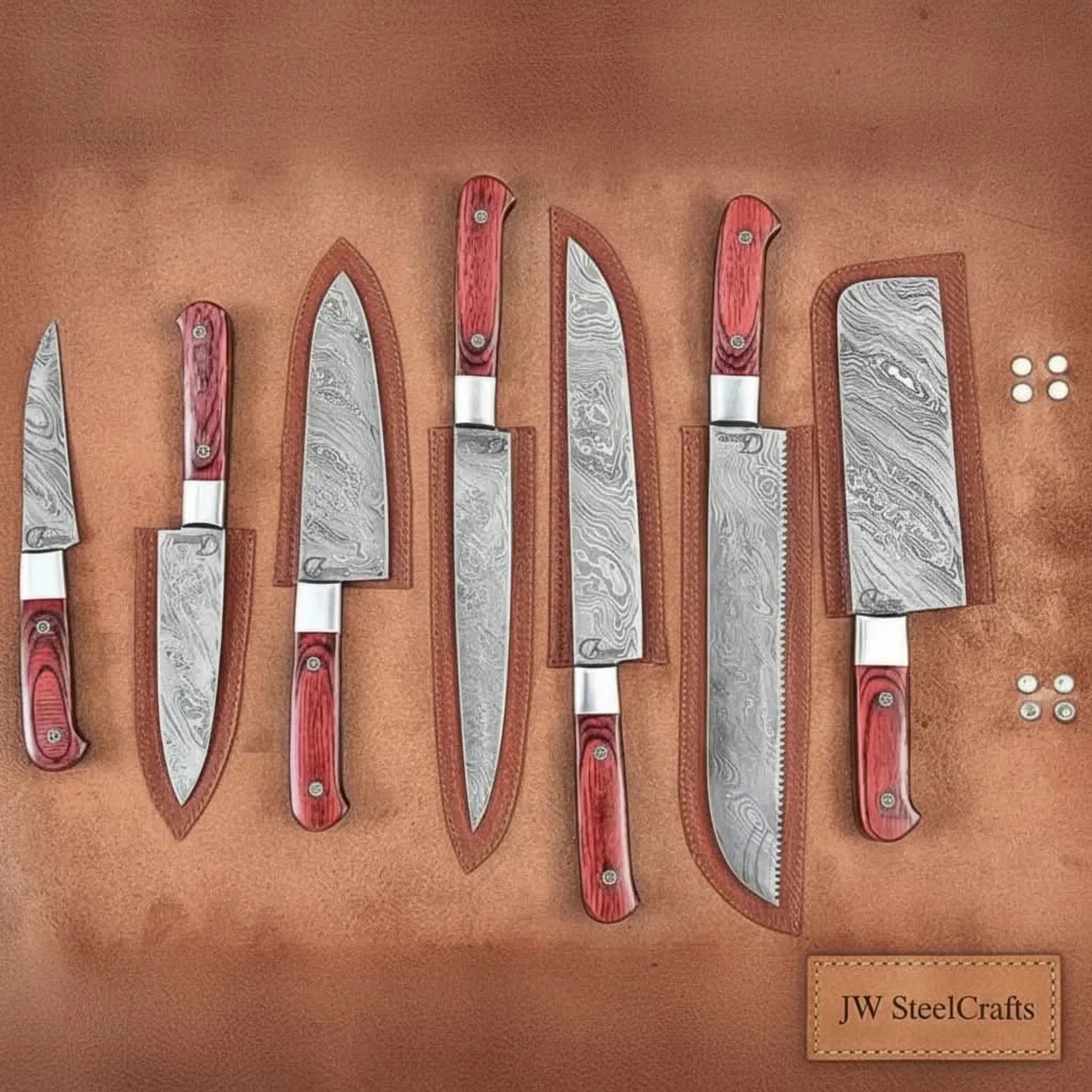 7-Piece Damascus Kitchen Knife Set — Chef, Nakiri, Bread Knife and Cleaver, Red Pakka Wood Handles by JW SteelCrafts