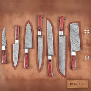 7-Piece Damascus Kitchen Knife Set — Chef, Nakiri, Bread Knife and Cleaver, Red Pakka Wood Handles by JW SteelCrafts