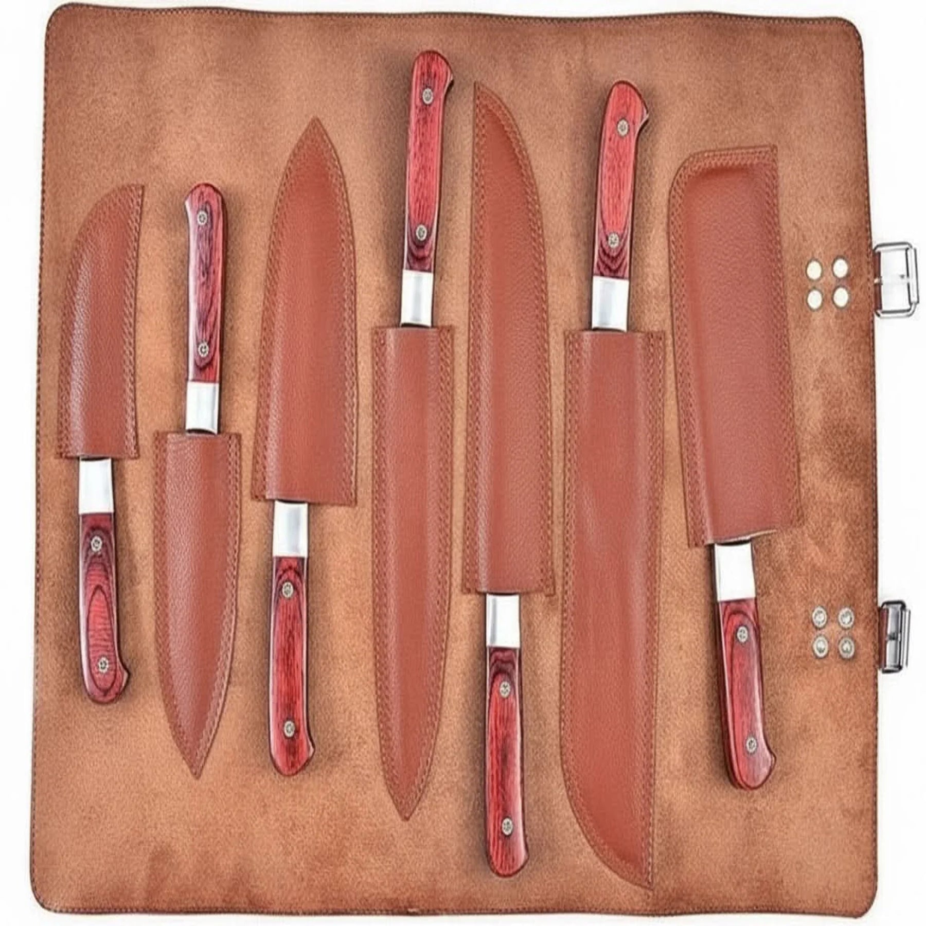 7-Piece Damascus Kitchen Knife Set — Chef, Nakiri, Bread Knife and Cleaver, Red Pakka Wood Handles detail view by JW
