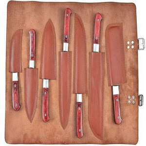 7-Piece Damascus Kitchen Knife Set — Chef, Nakiri, Bread Knife and Cleaver, Red Pakka Wood Handles detail view by JW