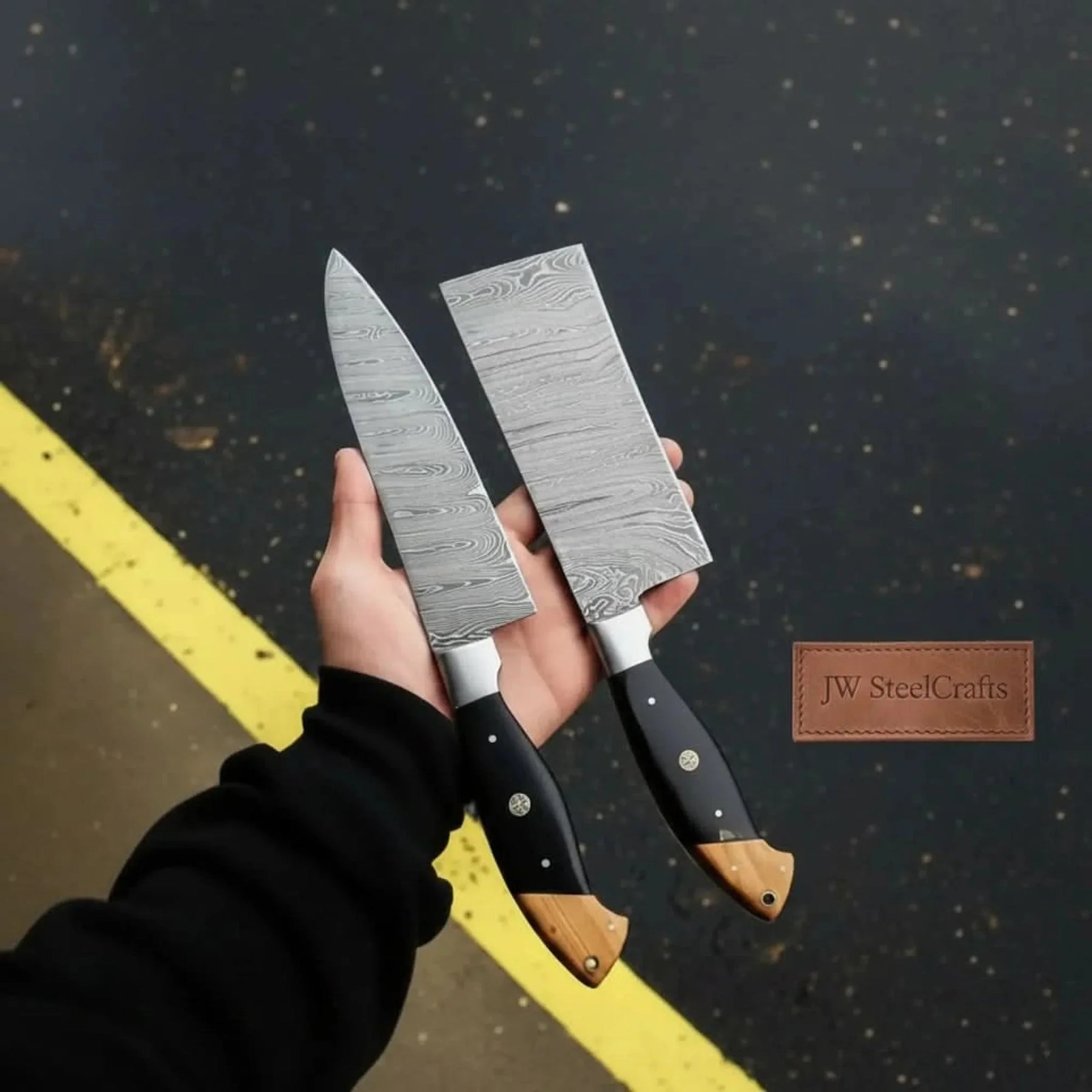 Premium Damascus Cleaver and Santoku knife Set — Olive Wood & Black Resin Handles, Full Tang Chef Knives detail view by JW