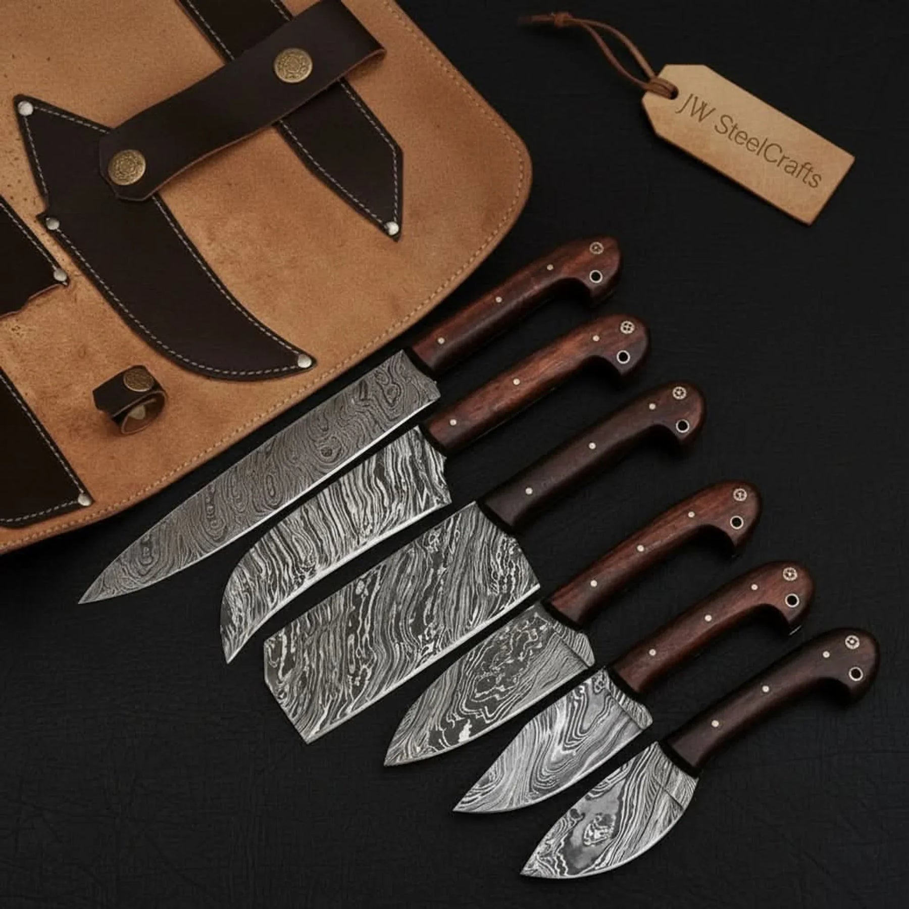 6-Piece Damascus Knife Set with Leather Roll by JW SteelCrafts