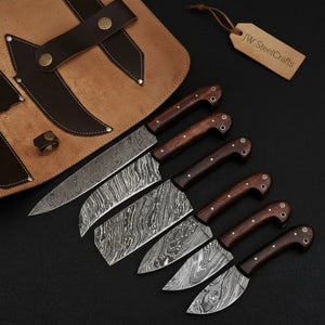 6-Piece Damascus Knife Set with Leather Roll by JW SteelCrafts