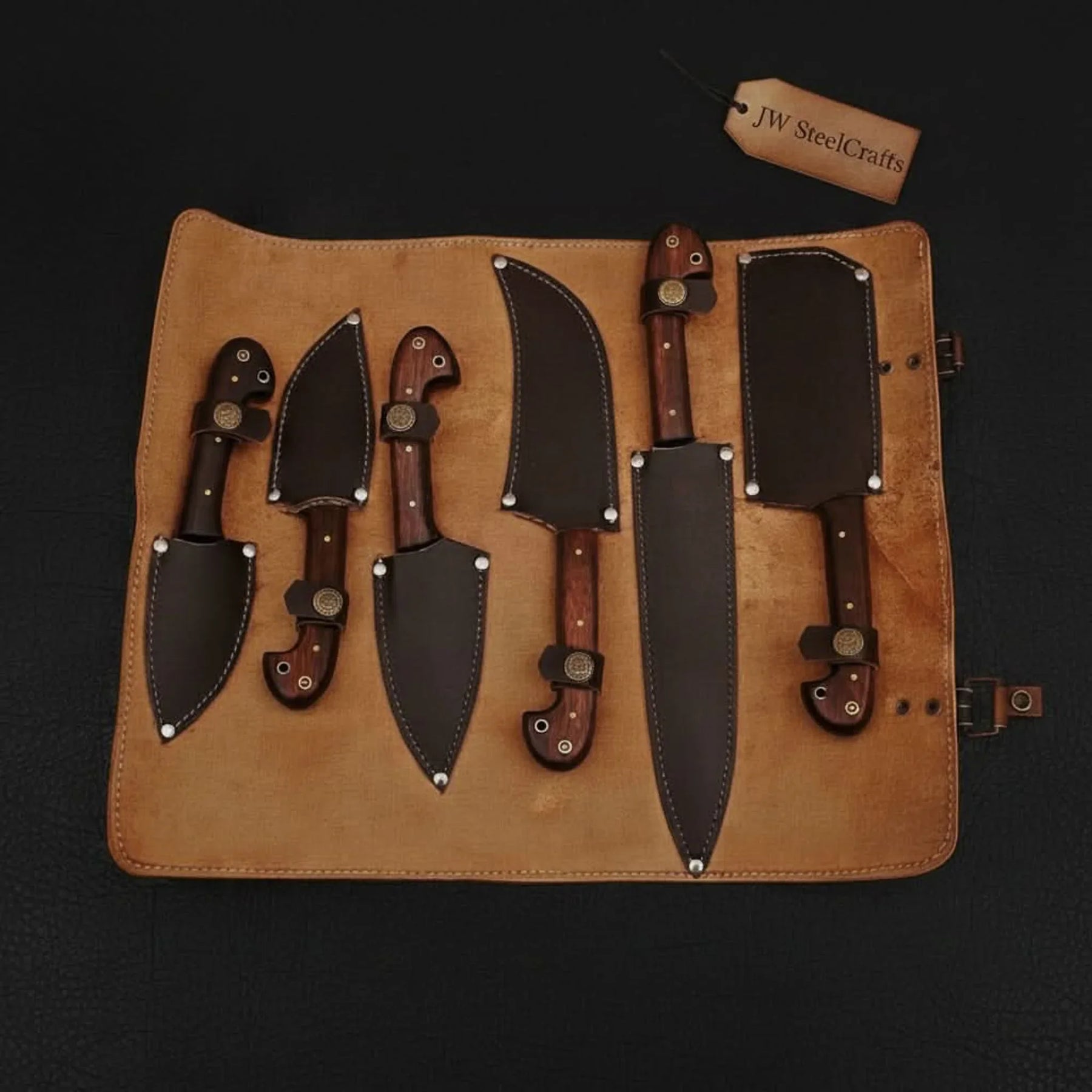 6-Piece Damascus Knife Set with Leather Roll detail view by JW SteelCrafts