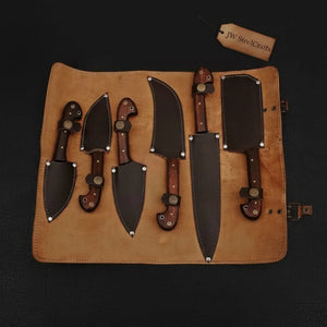 6-Piece Damascus Knife Set with Leather Roll detail view by JW SteelCrafts