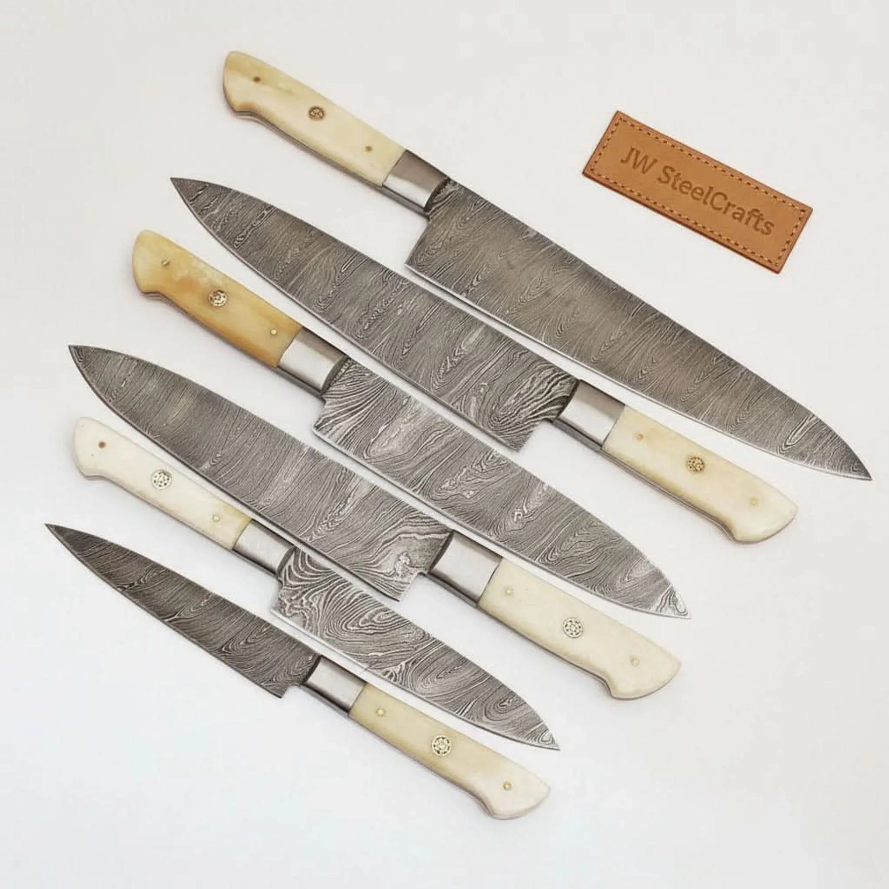 6-Piece Damascus Kitchen Knife Set – Gyuto, Santoku, Nakiri, Boning, Utility & Paring | Natural Bone Handle | Leather Roll by
