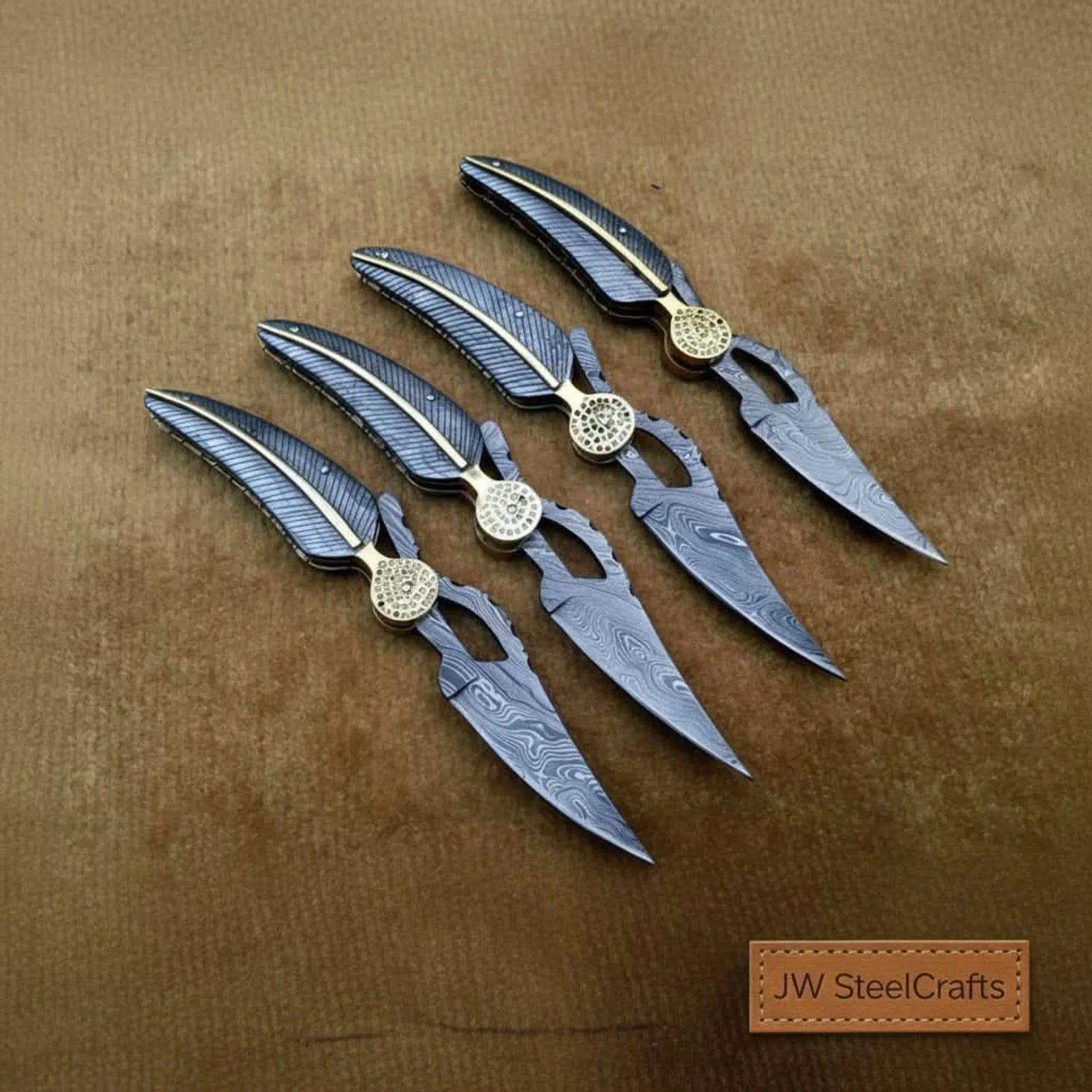 Handmade Damascus Folding Knife Set of 4 – Matching Pocket Knives with Decorative Spine by JW SteelCrafts