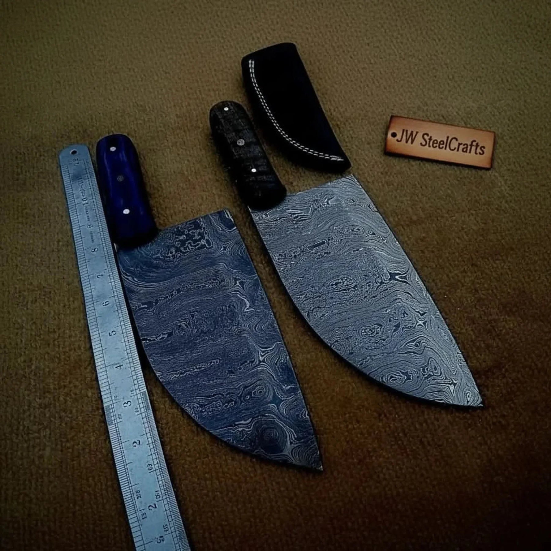 Pair of Chinese Vegetable Cleavers — Damascus Steel, Stabilized Wood (SMT) Full-Tang Handles lol by JW SteelCrafts