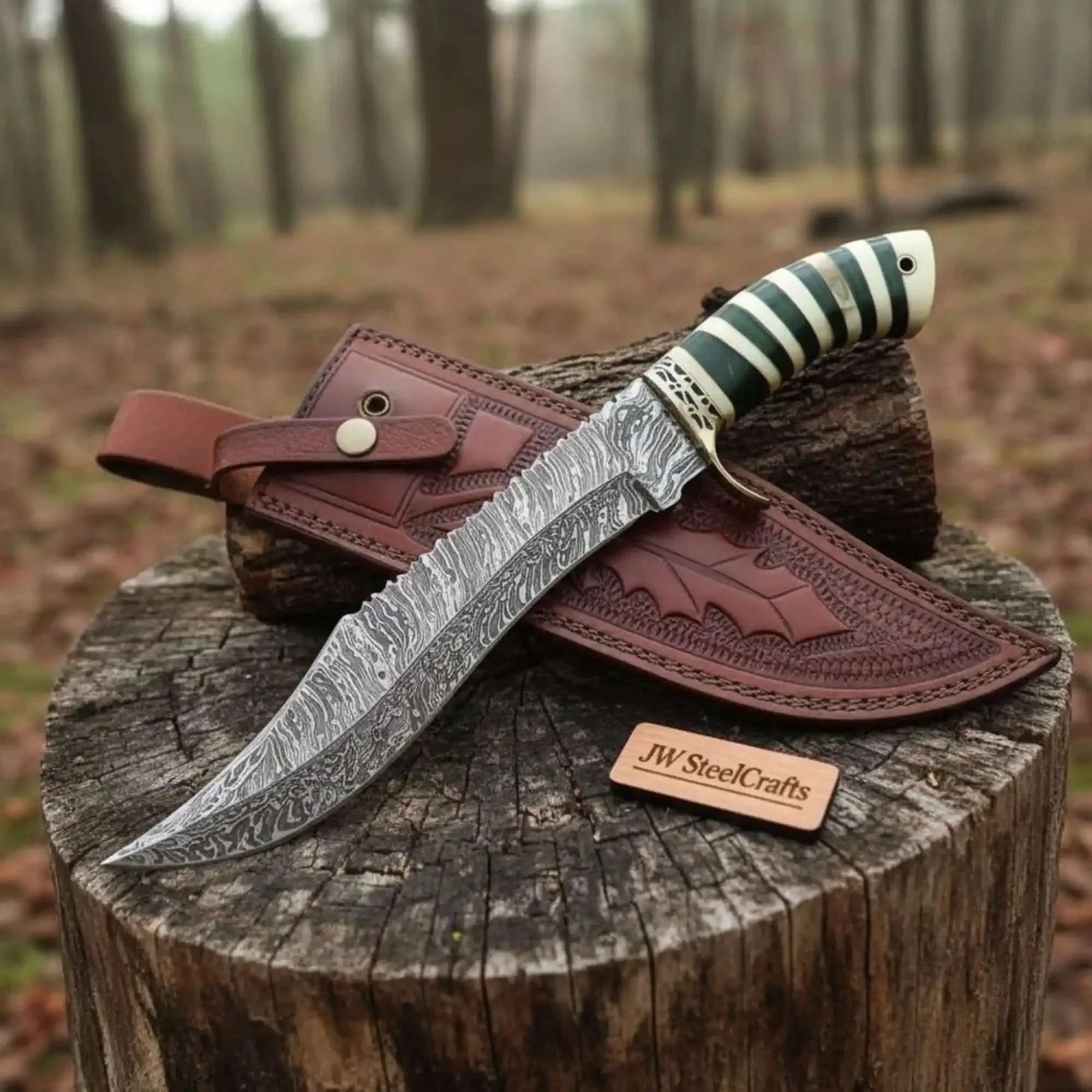 Handmade Clip Point Bowie Knife with Fire Pattern Damascus Steel by JW SteelCrafts