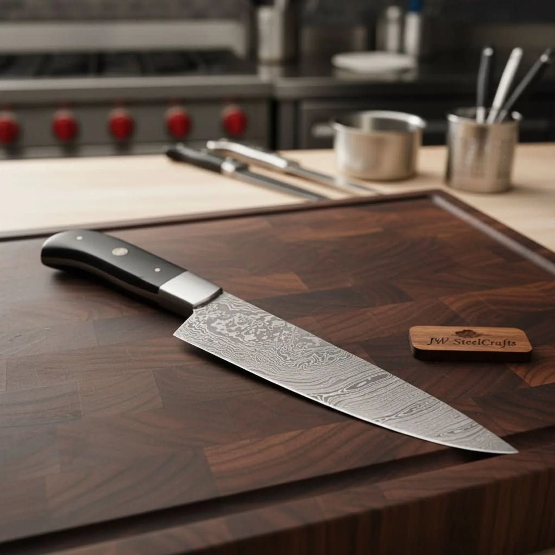 Handcrafted Damascus Steel Chef Knife, Black Resin Handle, Japanese Kitchen Blade by JW SteelCrafts by JW SteelCrafts