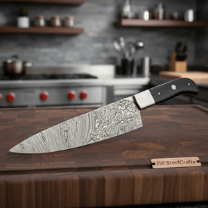 Handcrafted Damascus Steel Chef Knife, Black Resin Handle, Japanese Kitchen Blade by JW SteelCrafts detail view by JW