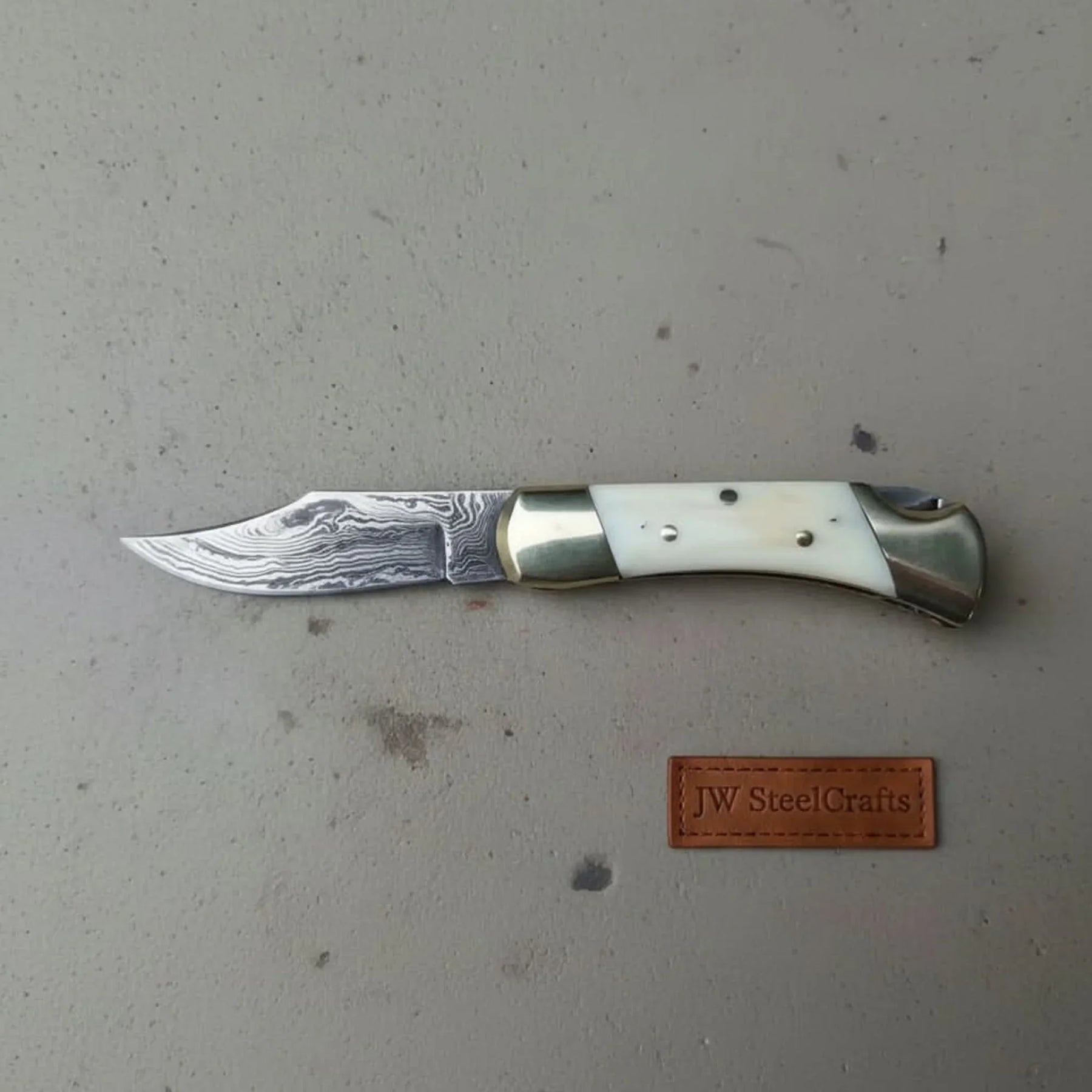 Handmade Damascus Folding Pocket Knife – Bone Handle with Brass Bolsters by JW SteelCrafts