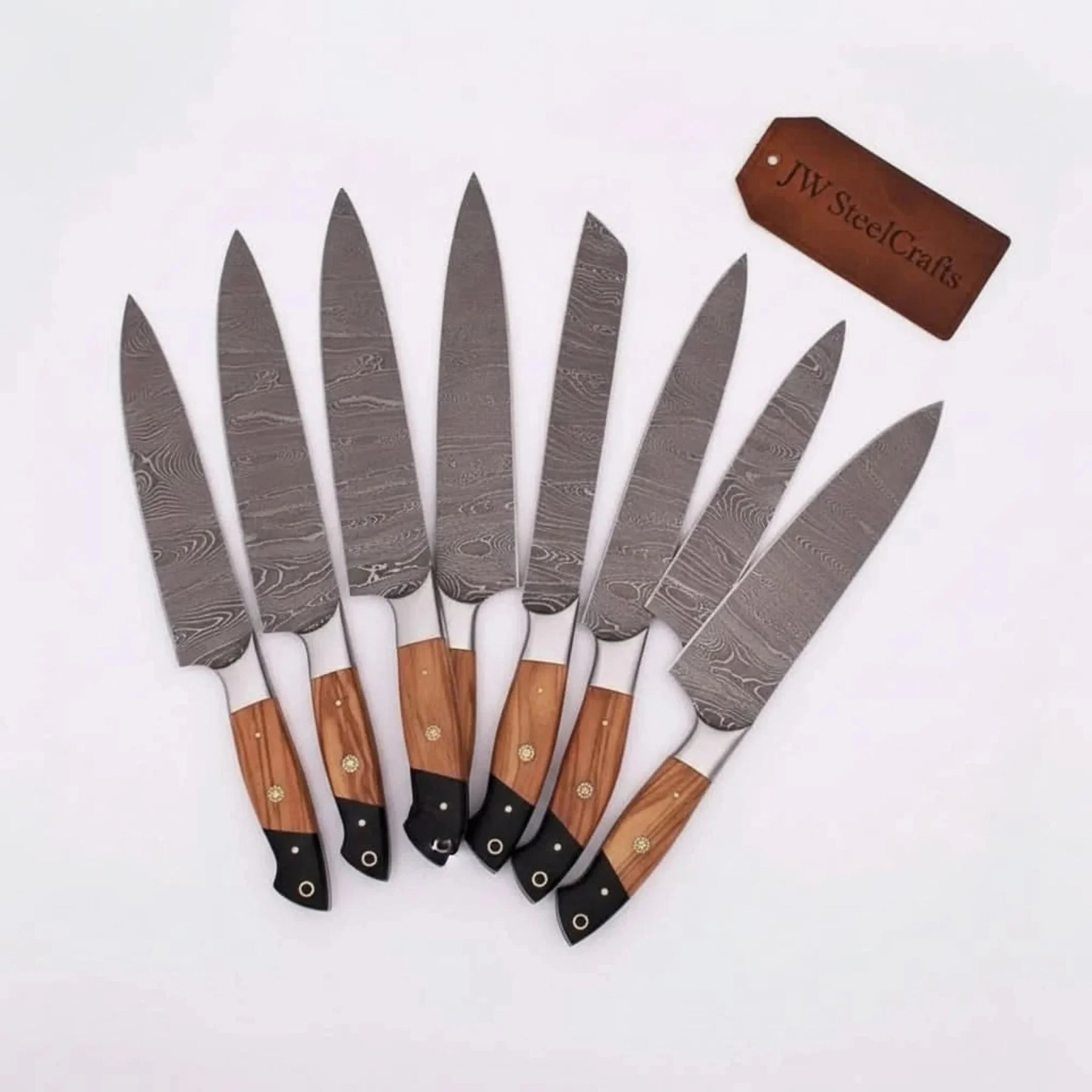 Handmade Damascus Knife Set, Olive Wood & Resin Handle detail view by JW SteelCrafts
