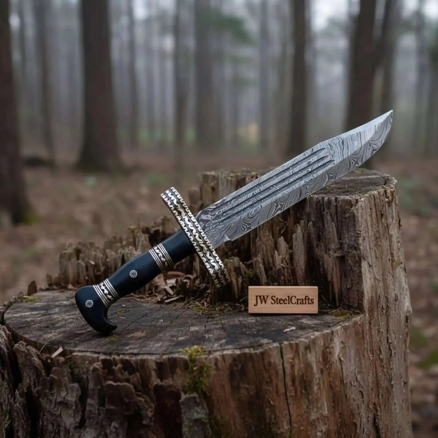 Handmade Coffin Handle Bowie Knife Hand-Engraved Damascus Steel by JW SteelCrafts