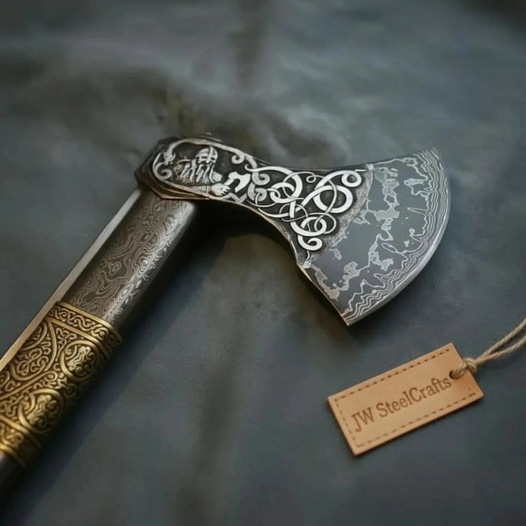 Wolf's Fang Viking Axe & Knife Set with Carved Hardwood Handle detail view by JW SteelCrafts