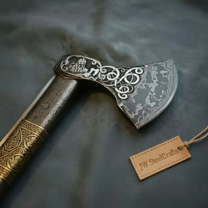 Wolf's Fang Viking Axe & Knife Set with Carved Hardwood Handle detail view by JW SteelCrafts