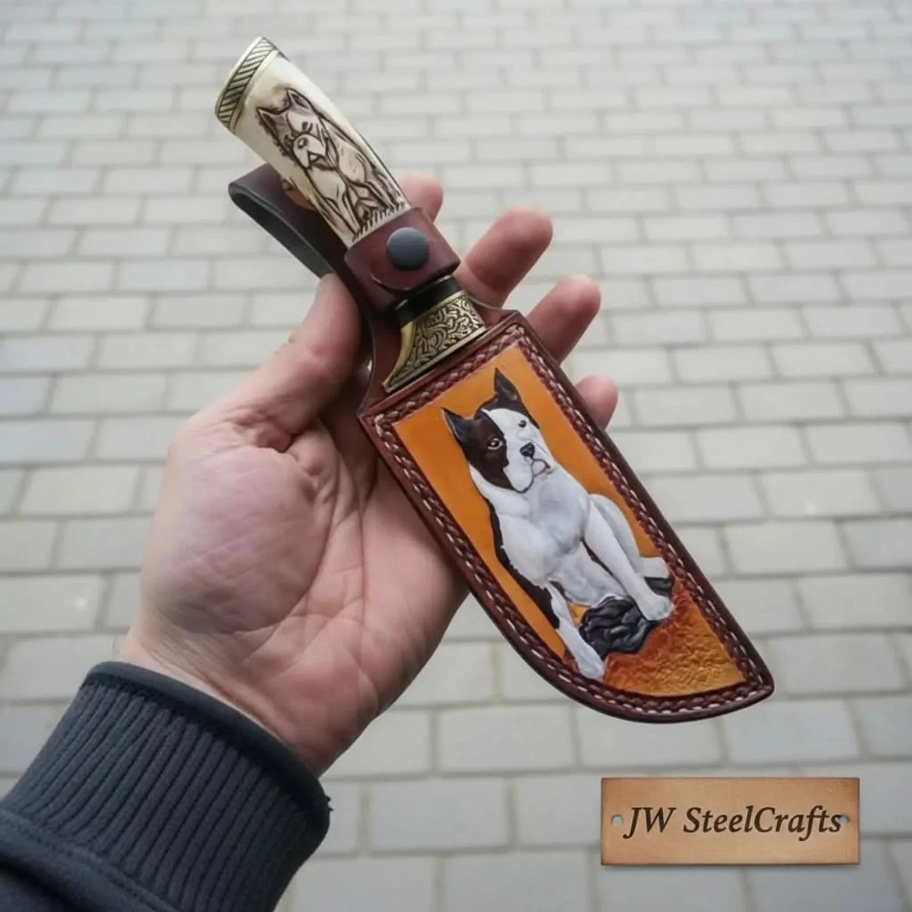 Damascus Steel Dog Engraved Bone Handle Hunting Skinner Knife – 10 Inch Overall l detail view by JW SteelCrafts