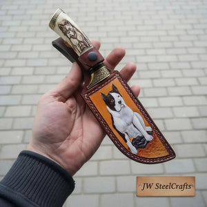 Damascus Steel Dog Engraved Bone Handle Hunting Skinner Knife – 10 Inch Overall l detail view by JW SteelCrafts
