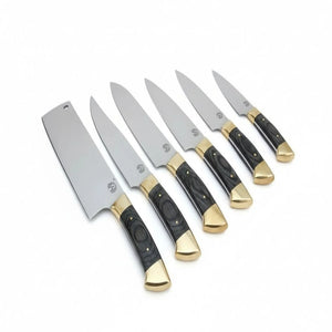 J2 mirror-polished kitchen knife set with black Pakka wood handles