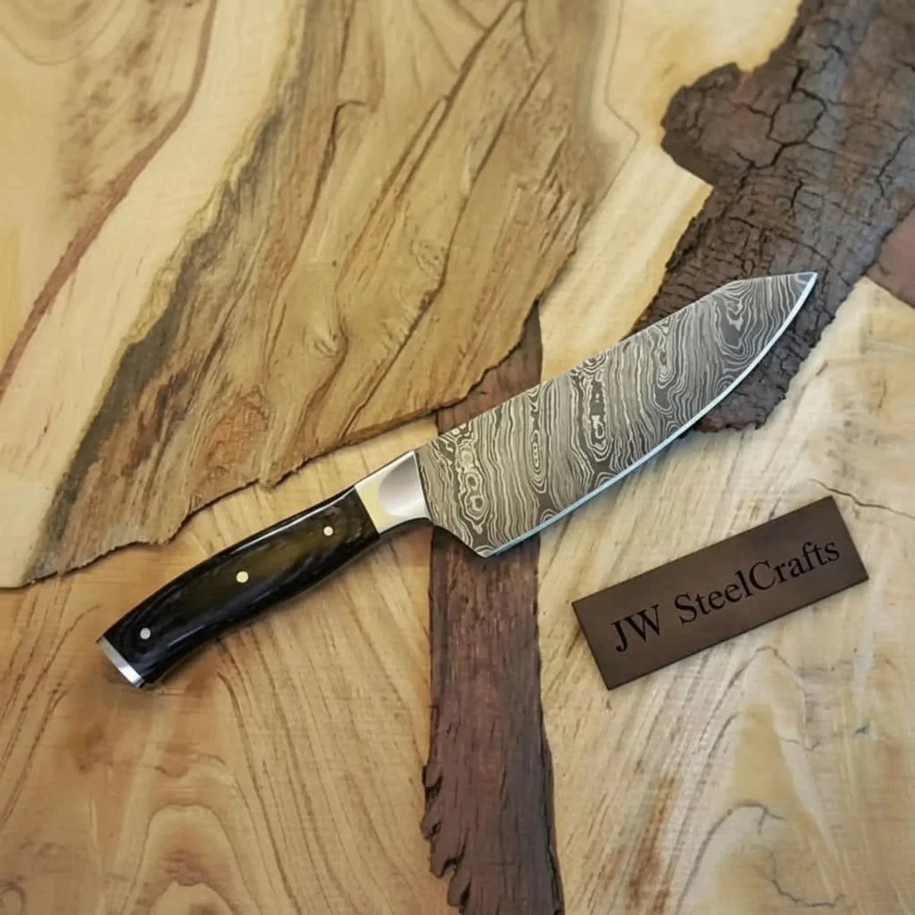 12” Twisted Pattern Damascus Chef Knife with Black Pakka Wood Handle and Steel Bolster & Full Tang by JW SteelCrafts