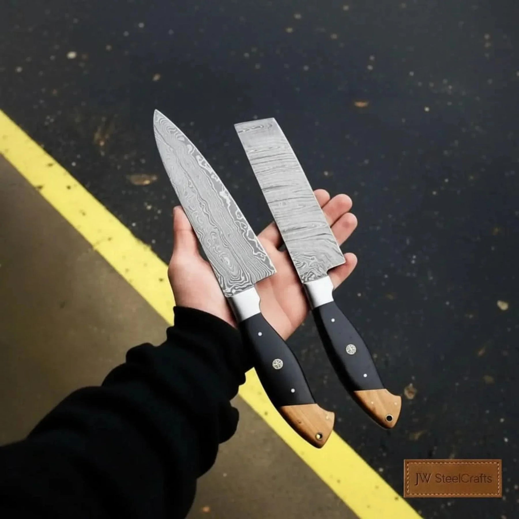 Damascus Chef Knife & Chinese Cleaver Set with Olive Wood & Black Resin Handles by JW SteelCrafts