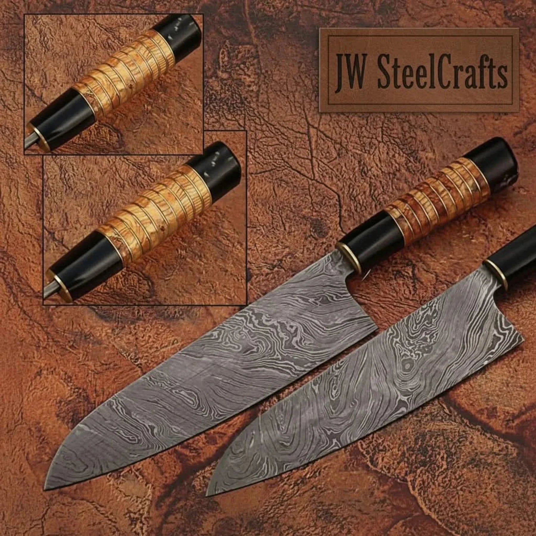 Forged Damascus Santoku Knife – 7" Blade, Olive Wood & Black Micarta Handle, Full Tang Kitchen Knife by JW SteelCrafts