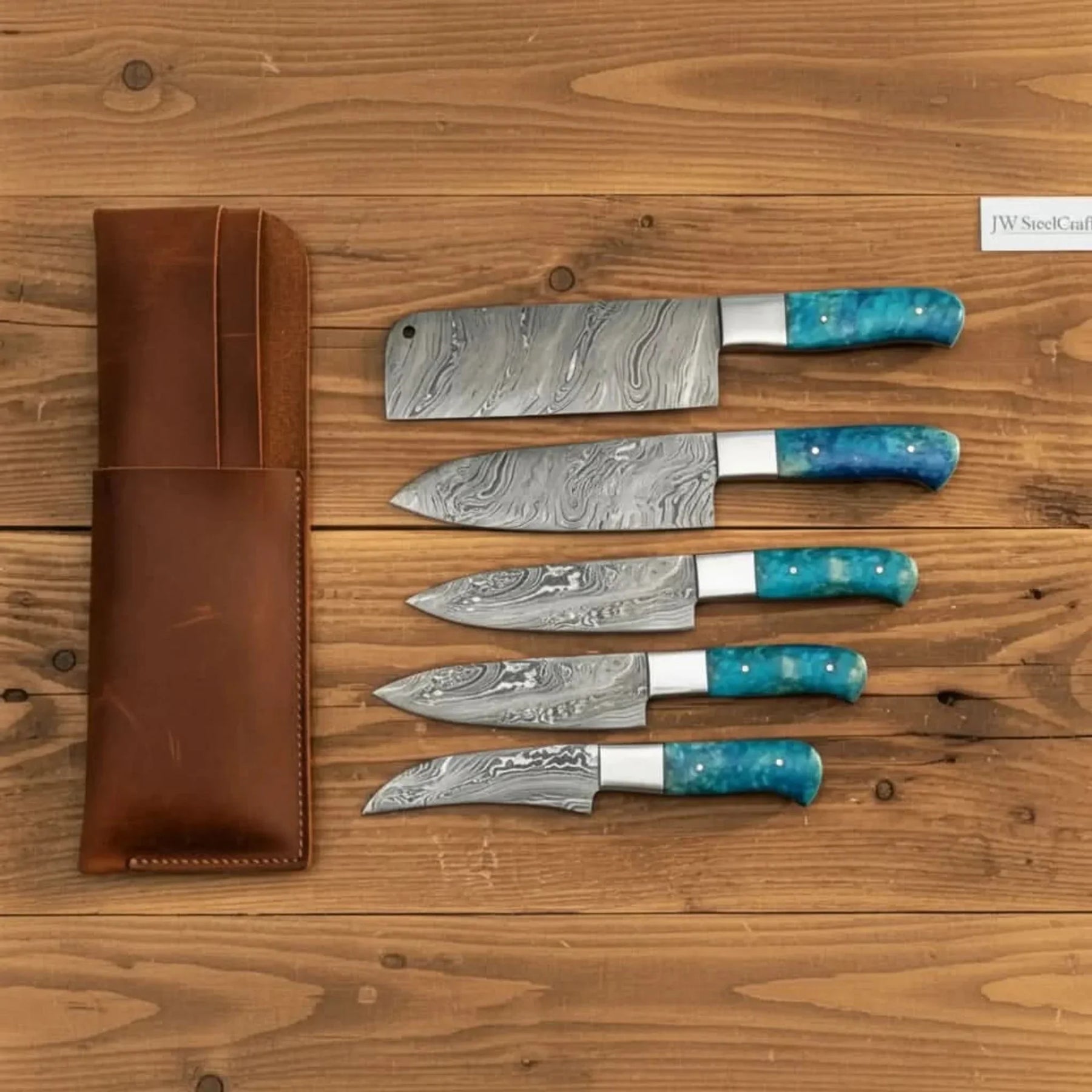 5-Piece Damascus Kitchen Prep Knife Set with Blue Resin Handles, Steel Bolsters & Leather Storage Kit by JW SteelCrafts