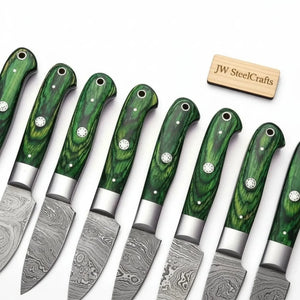 8-Piece Damascus Steak Knife — Twisted Damascus Blades, Green Pakka Wood Handles detail view by JW SteelCrafts