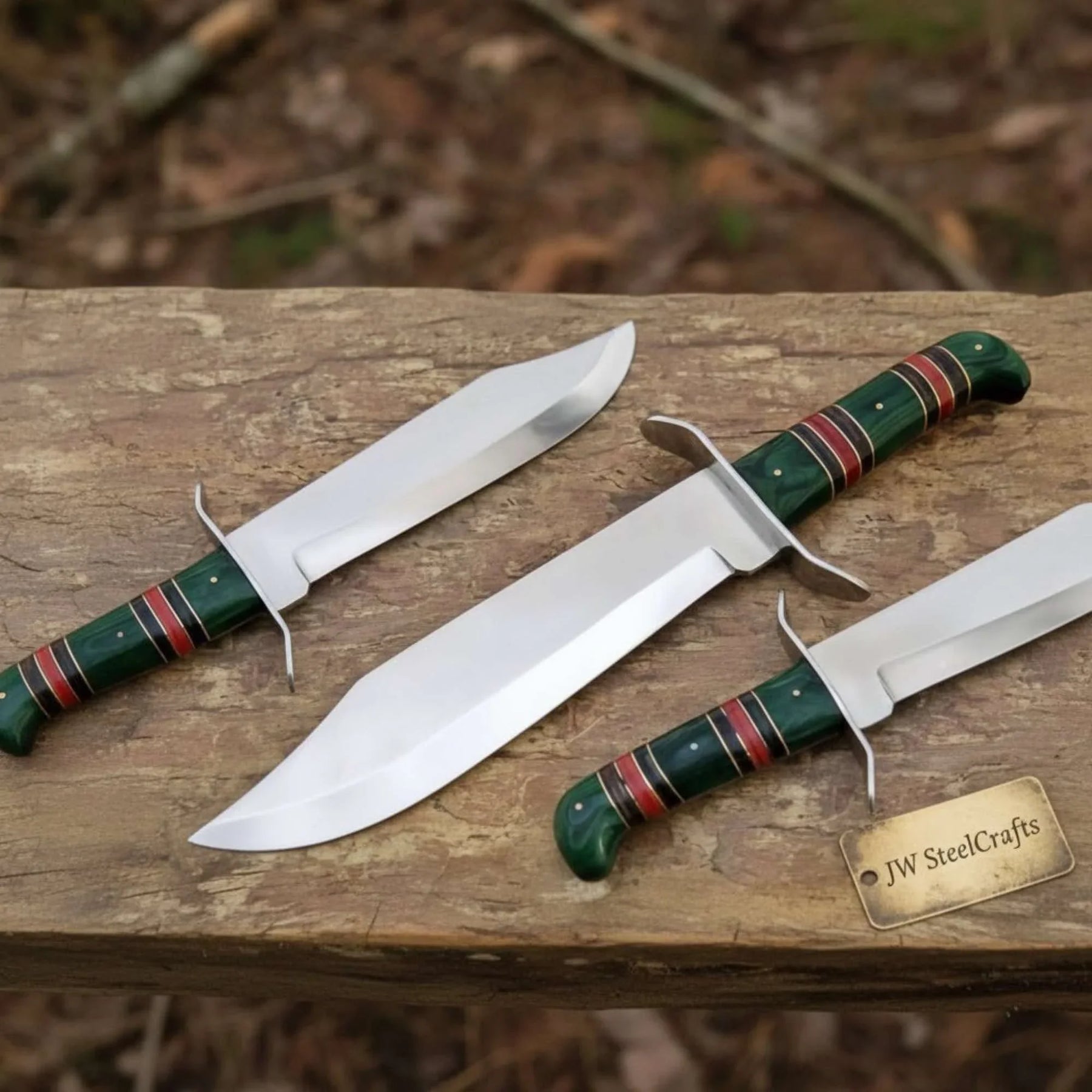Sheffield Clip Point Bowie Knife Mirror Polish Steel with S Guard and Stacked Handle detail view by JW SteelCrafts