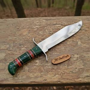 Sheffield Clip Point Bowie Knife Mirror Polish Steel with S Guard and Stacked Handle detail view by JW SteelCrafts