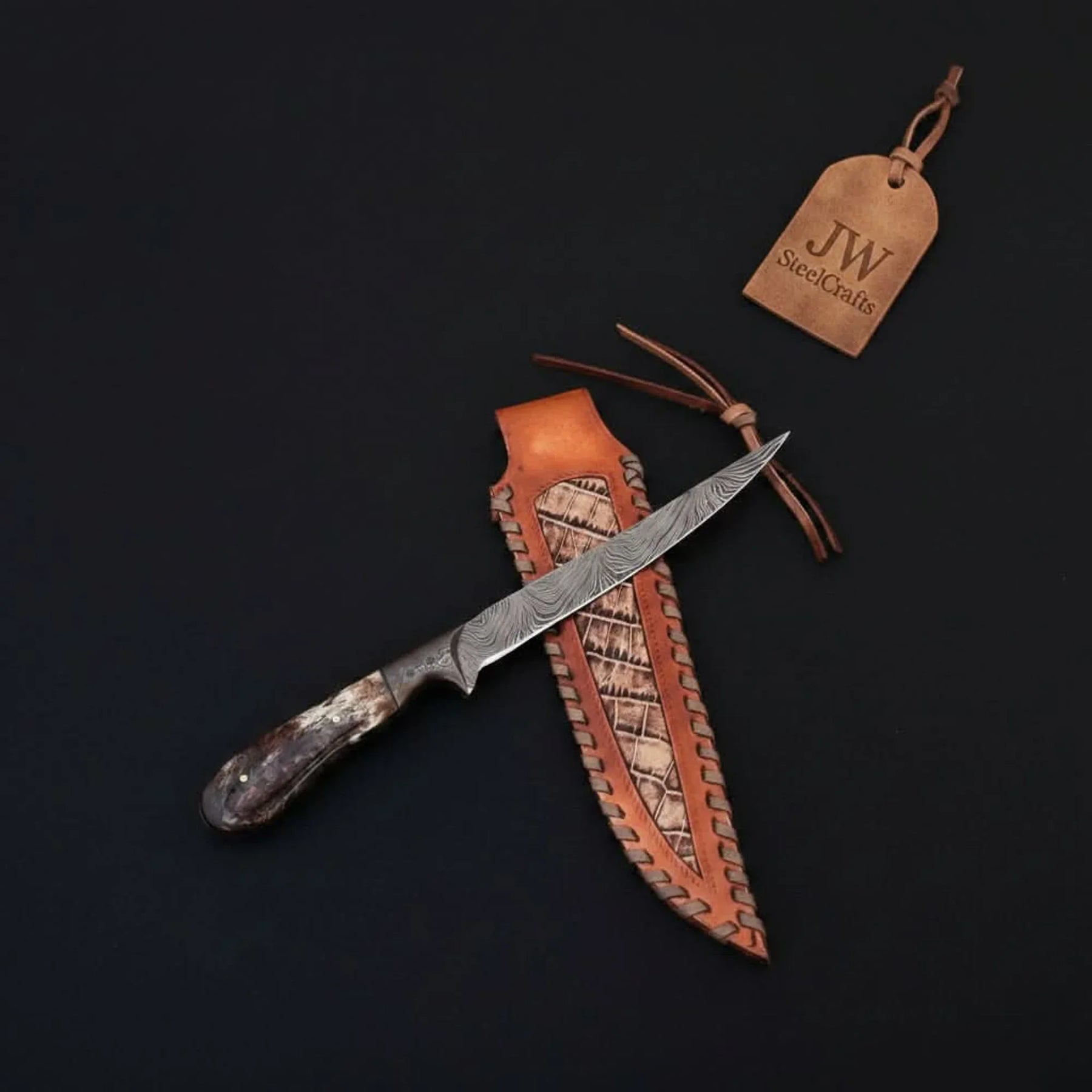 Custom Handmade Damascus Steel Boning Knife With Colour Bone Handle with Leather Sheath by JW SteelCrafts