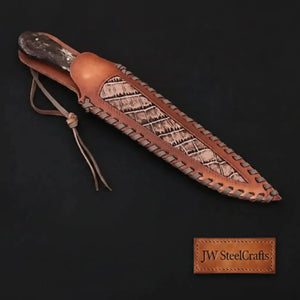 Custom Handmade Damascus Steel Boning Knife With Colour Bone Handle with Leather Sheath detail view by JW SteelCrafts