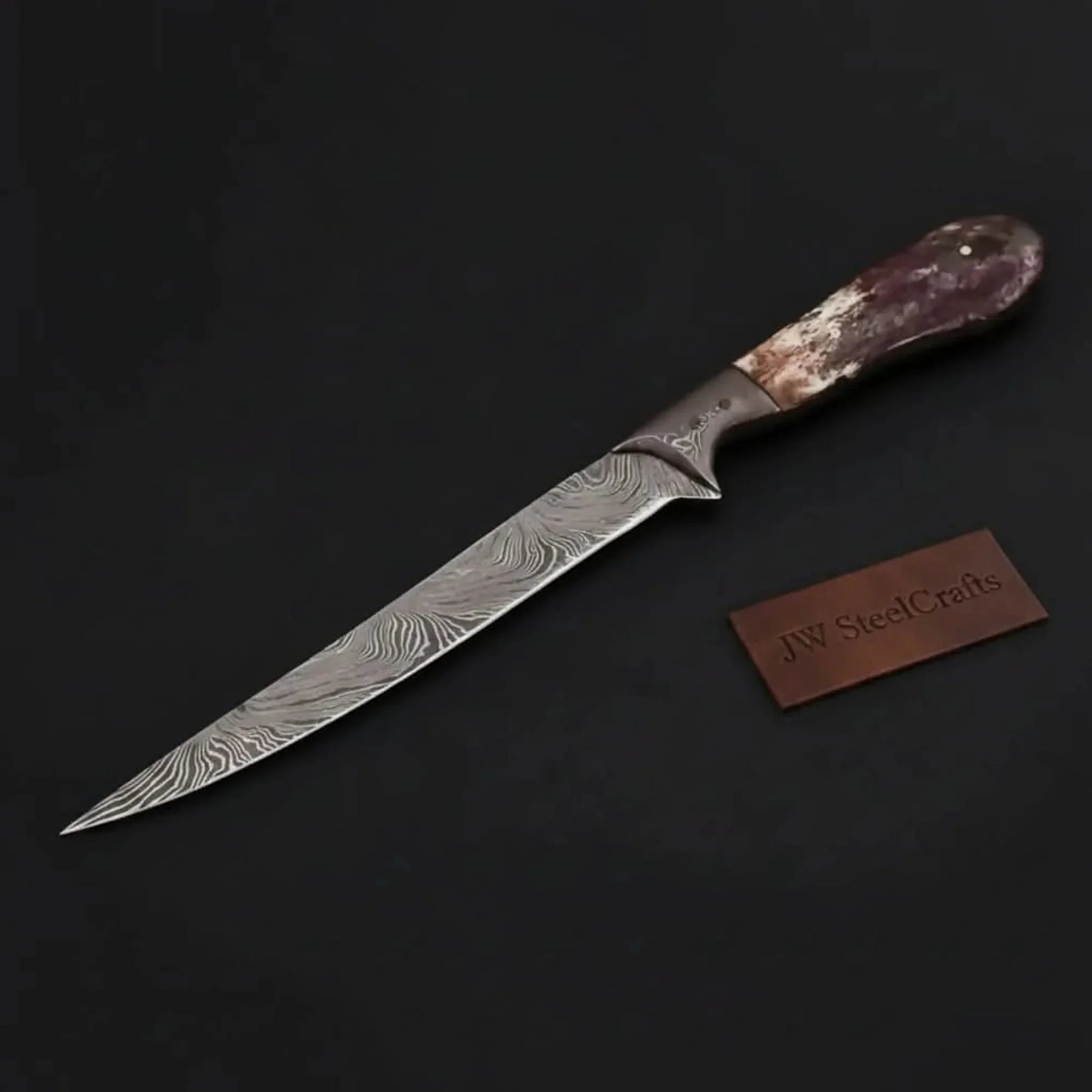 Custom Handmade Damascus Steel Boning Knife With Colour Bone Handle with Leather Sheath detail view by JW SteelCrafts