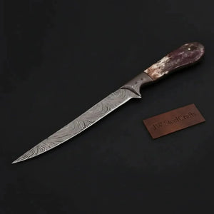 Custom Handmade Damascus Steel Boning Knife With Colour Bone Handle with Leather Sheath detail view by JW SteelCrafts