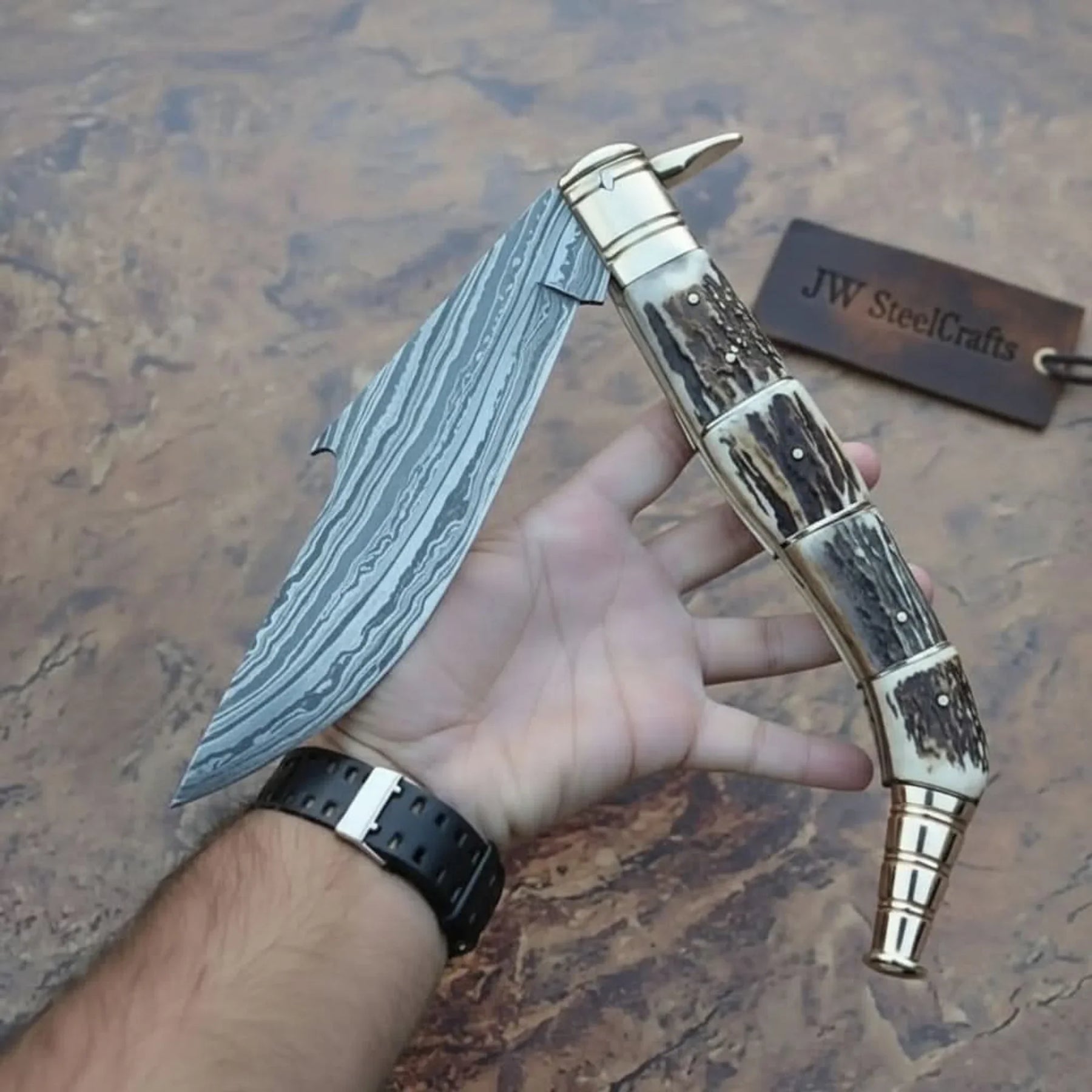 Handcrafted Damascus Steel Big Folding Knife with Genuine Antler Stag Horn Handle by JW SteelCrafts