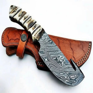 9' Handmade Damascus Skinner Knife with Stag Bone Handle and Gut Hook Blade by JW SteelCrafts