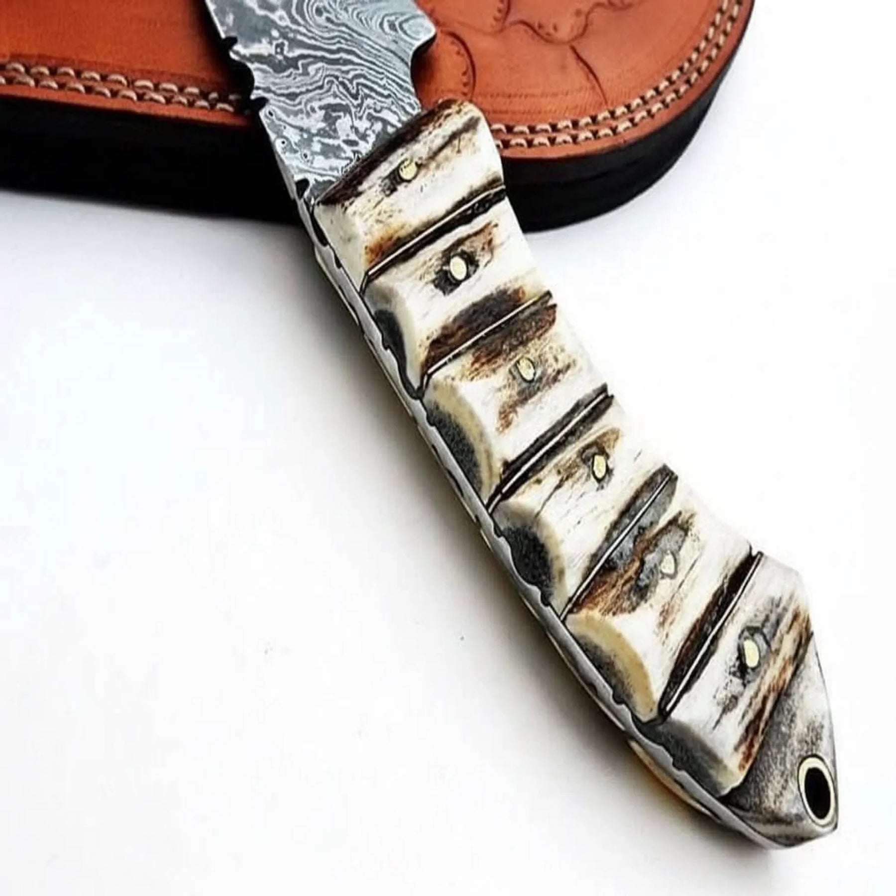 9' Handmade Damascus Skinner Knife with Stag Bone Handle and Gut Hook Blade detail view by JW SteelCrafts