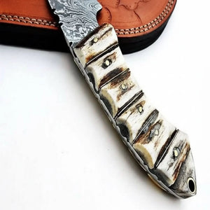 9' Handmade Damascus Skinner Knife with Stag Bone Handle and Gut Hook Blade detail view by JW SteelCrafts