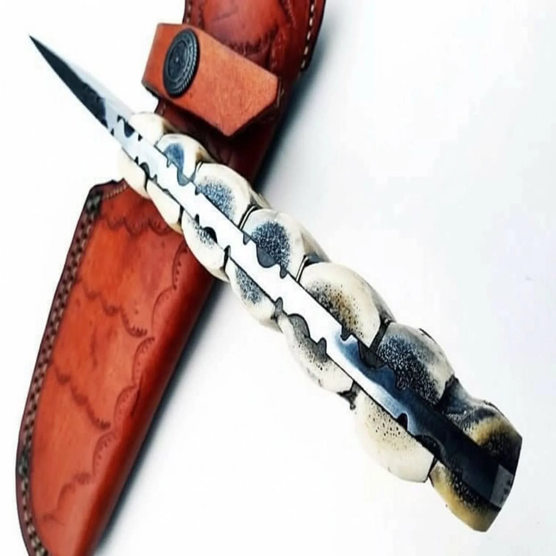 9' Handmade Damascus Skinner Knife with Stag Bone Handle and Gut Hook Blade detail view by JW SteelCrafts