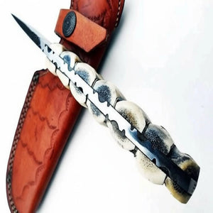 9' Handmade Damascus Skinner Knife with Stag Bone Handle and Gut Hook Blade detail view by JW SteelCrafts