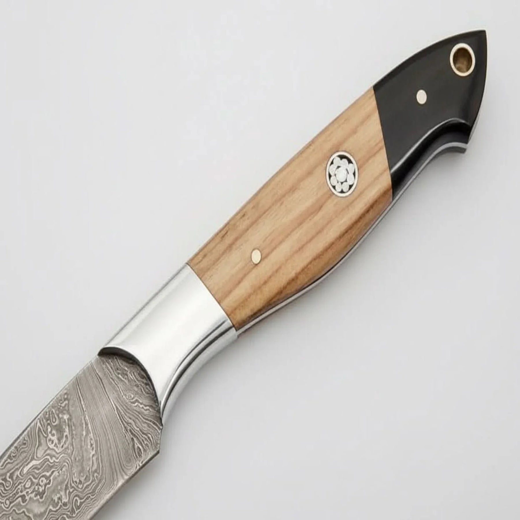 9" Handmade Damascus Steel Utility Knife with Olive Wood Handle detail view by JW SteelCrafts