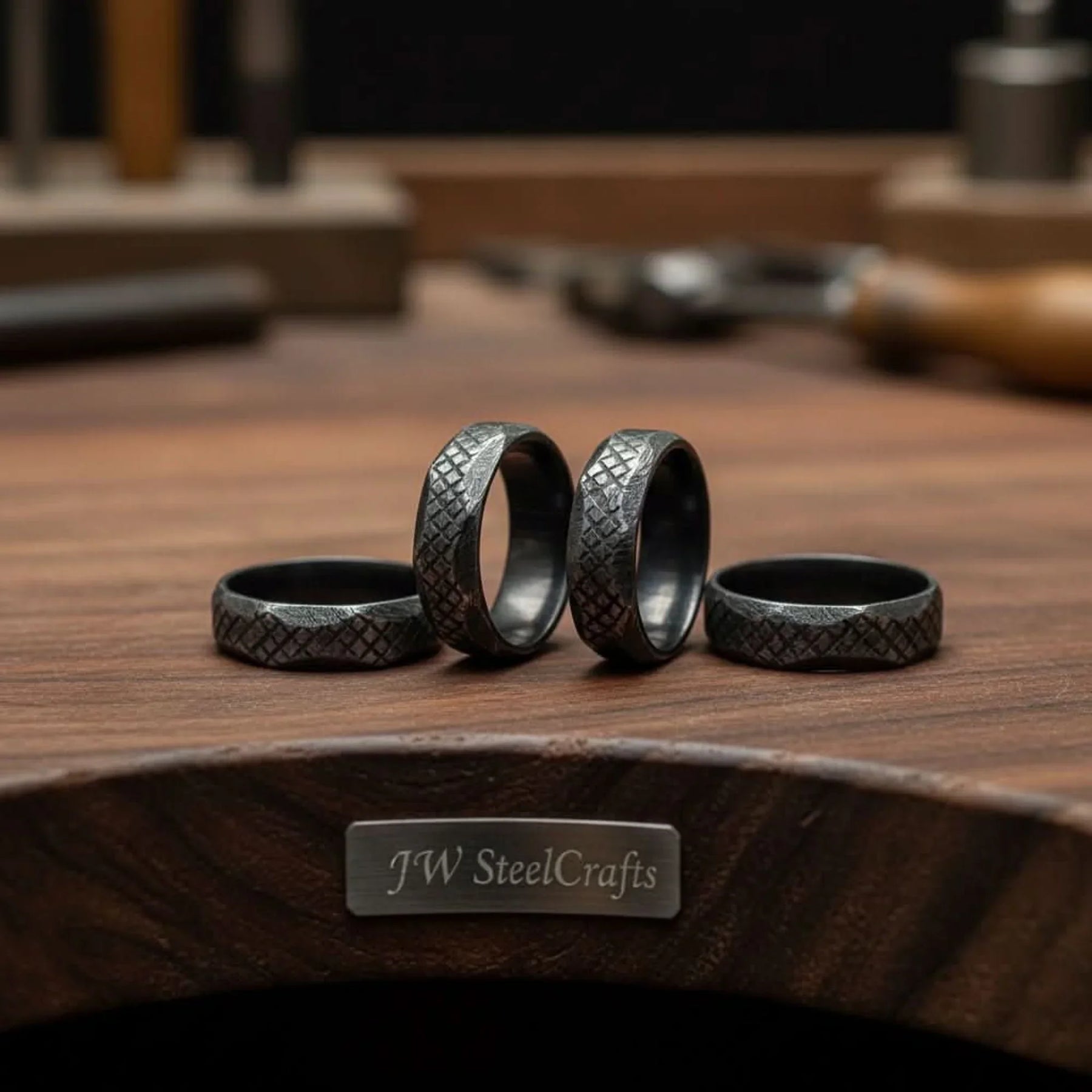 Black Damascus Steel Ring Lot with Hand Filed Texture by JW SteelCrafts