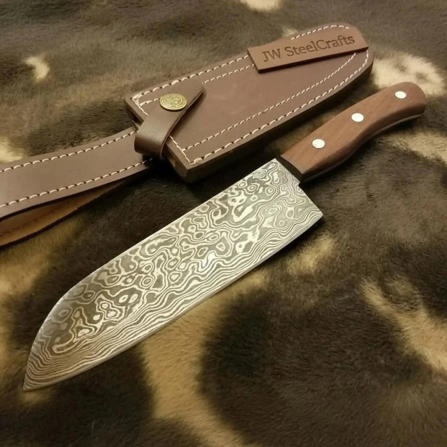Pattern-Welded Damascus Drop Point Hunter — Full Tang, Rose wood, Premium Leather Sheath by JW SteelCrafts