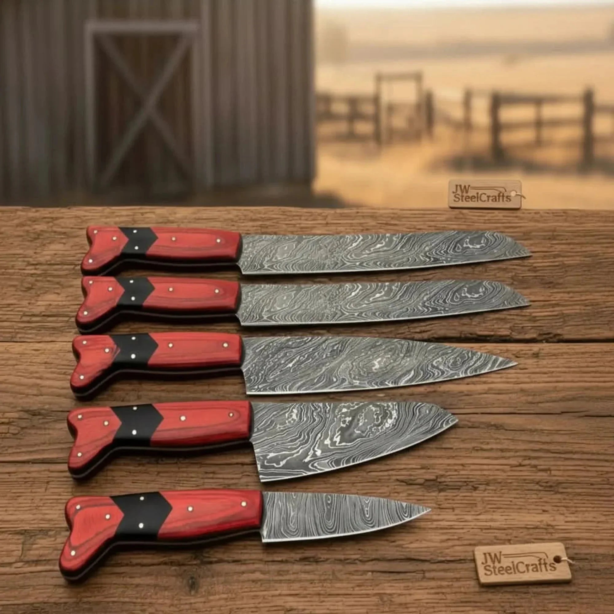 5-Piece Damascus Carving Knife Set Red Pakka Black Resin with Wood Grain Damascus Blades detail view by JW SteelCrafts