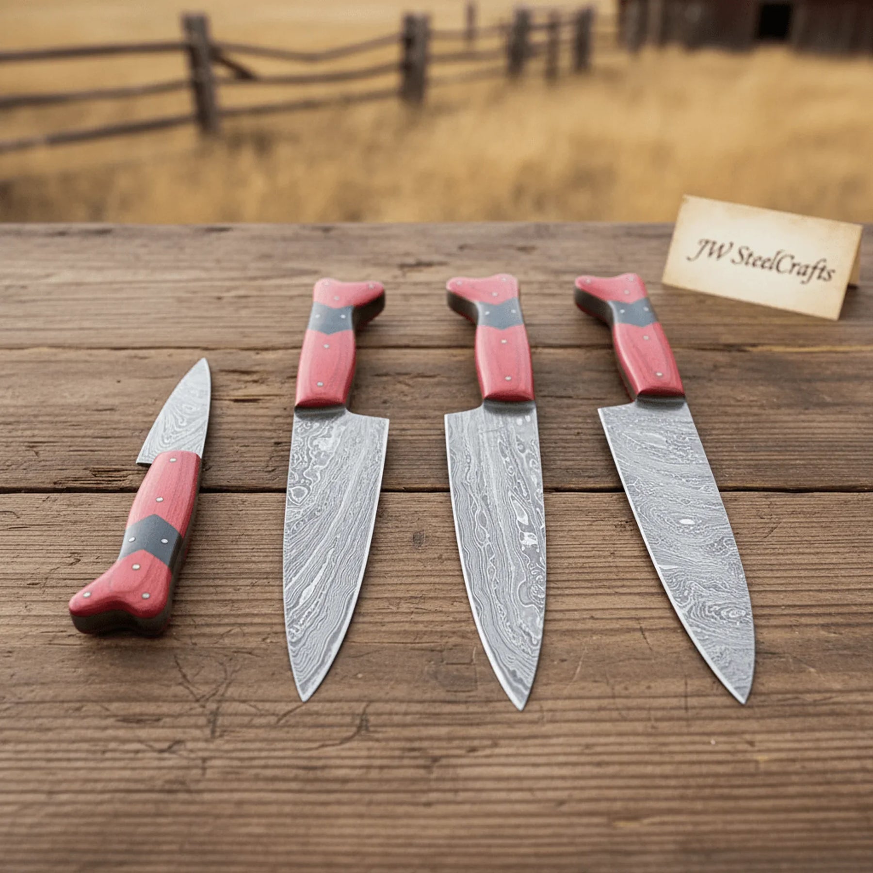5-Piece Damascus Carving Knife Set Red Pakka Black Resin with Wood Grain Damascus Blades detail view by JW SteelCrafts
