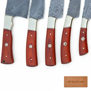 5-Piece Damascus Kitchen Knife Set — Butcher, Bread, Chef, Utility & Paring with Reddish Hardwood Handles detail view by JW