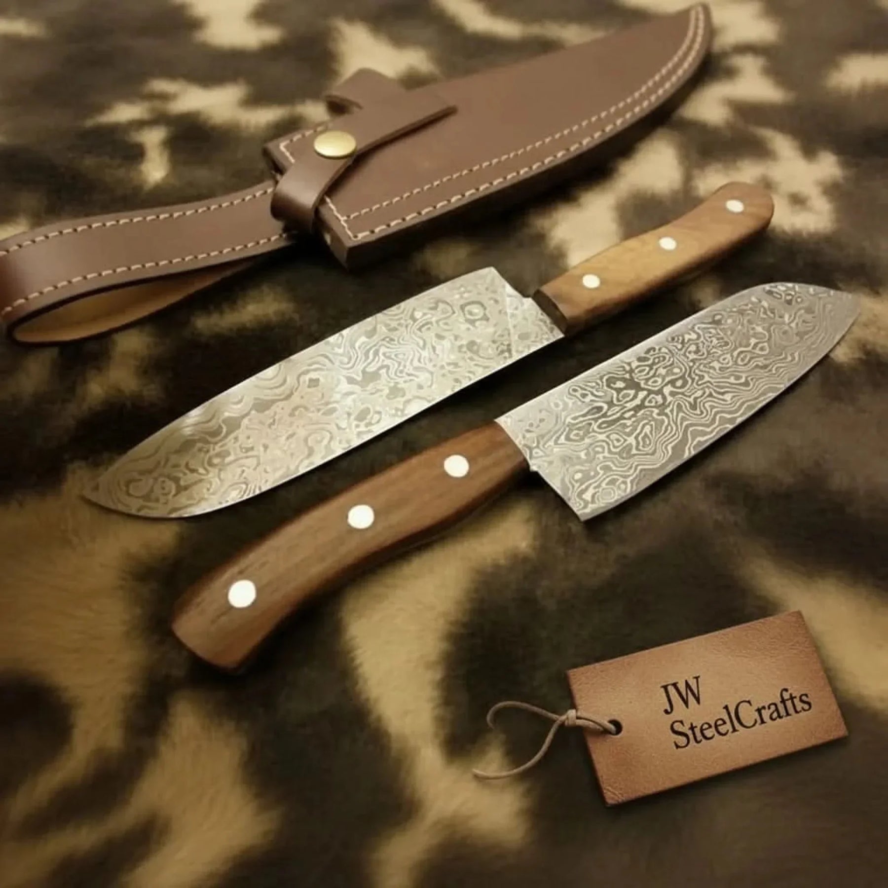Raindrop Damascus Hunting Knife Set – Trailing Point Skinner & Drop Point Hunter with Rosewood Handles | Full Tang Fixed