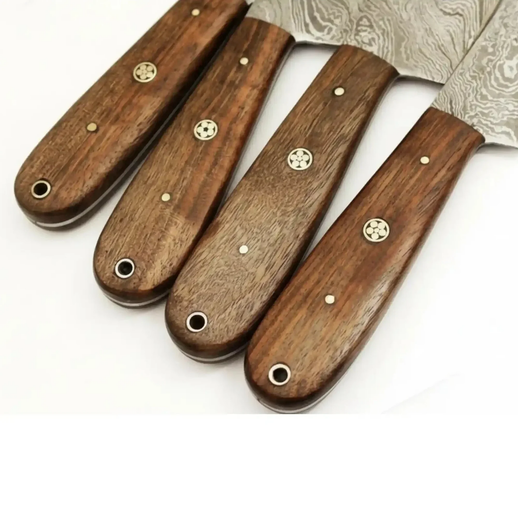 Handmade Damascus Steel Knife Set with Leather Roll, Rosewood Handle Kitchen Collection detail view by JW SteelCrafts